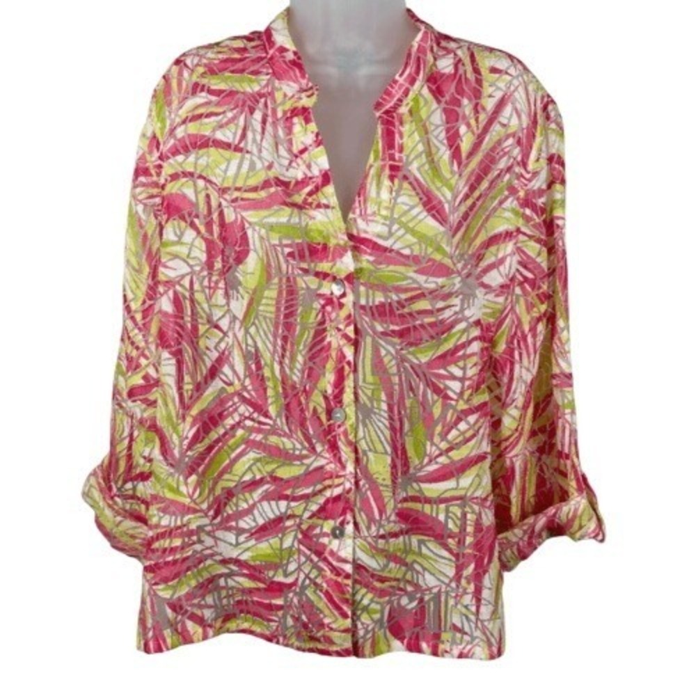 Lark Lane Sheer Tropical Palm Leaf Button Front Blouse Pink Green XL‎